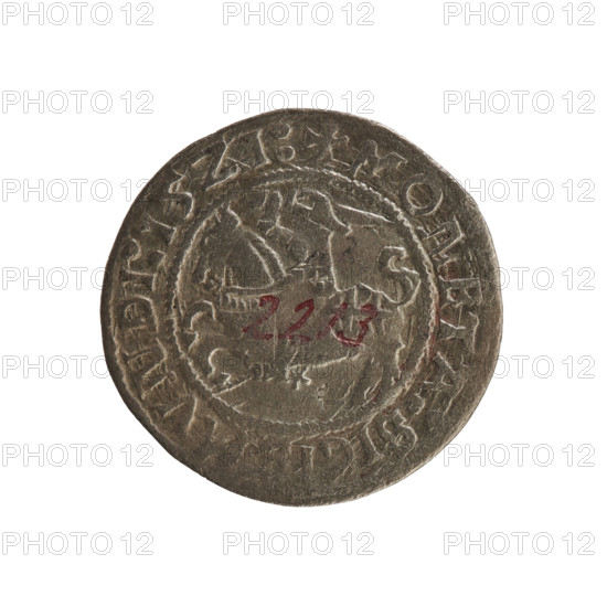 Lithuanian half-grosz, Sigismund I the Old (king of Poland; 1506–1548). R8 (rarity). Polish coin, Jagiellonians dynasty. Obverse: Pogon (Lithuanian coat of arms) turned left; in the rim between pearl borders an inscription: + MONETARY:SIG, MVNDI:15Z1:. Reverse: Polish crowned Eagle; in the rim between pearly borders an inscription: + MAGN, VCIS:LITVANI:, 1521. Grand Duchy of Lithuania, Vilnius.