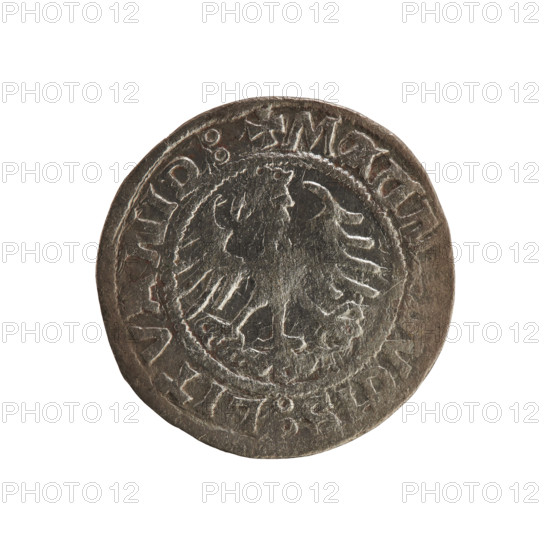Lithuanian half-grosz, Sigismund I the Old (king of Poland; 1506–1548). Obverse: Pogon (Lithuanian coat of arms) turned left; in the rim between pearl borders an inscription: + MONETARY:SIG, MVNDI:15Z1:. Reverse: Polish crowned Eagle; in the rim between pearly borders an inscription: + MAGN, VCIS:LITVANI:, 1521. R8 (rarity). Polish coin from the Jagiellonian period; Grand Duchy of Lithuania, Vilnius.