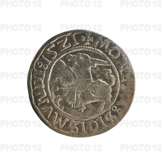 Lithuanian half-grosz, Sigismund I the Old (king of Poland; 1506–1548). Silver coin (half-grosz), 1521. Obverse: Pogon (Lithuanian charging knight) turned left; in rim between pearl borders inscription '+ MON A:SIGISMVNDI:15Z1'. Reverse: Polish crowned eagle; in rim between pearl borders inscription 'MA NI:DVCIS:LITVANID:'. Associated with the Grand Duchy of Lithuania, struck in Vilnius.