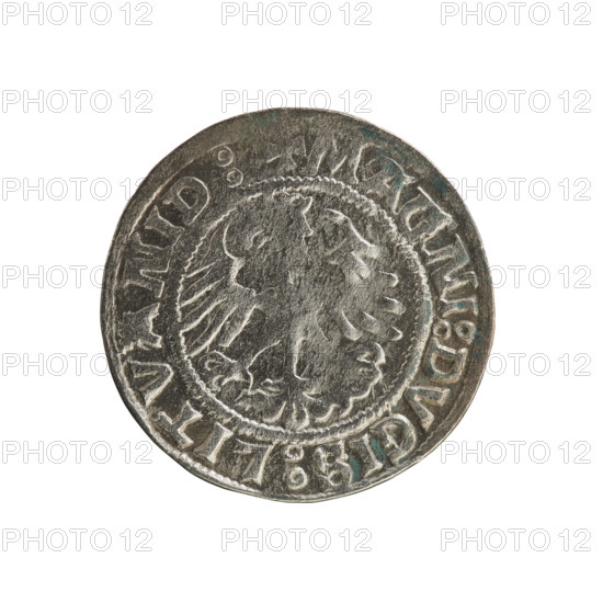 Lithuanian half-grosz, Sigismund I the Old (king of Poland; 1506–1548). Obverse: Pogon (Lithuanian charging knight) turned left; in the rim between pearl borders an inscription: + MON, A:SIGISMVNDI:15Z1. Reverse: Polish crowned eagle; in the rim between pearl borders an inscription: MA, NI:DVCIS:LITVANID:. 1521. Polish–Lithuanian coin of the Grand Duchy of Lithuania (Vilnius).