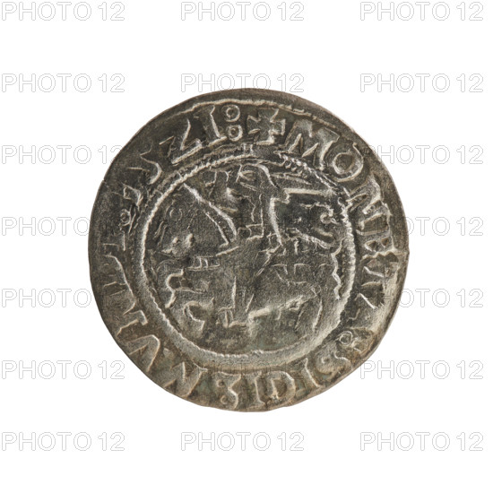 Lithuanian half-grosz, Sigismund I the Old (King of Poland, 1506–1548). Silver coin, 1521. Obverse: Pogon (Lithuanian mounted knight) turned left; rim inscription between pearl borders: +COIN:SIGISMVND, 15Z1. Reverse: Polish crowned eagle; rim inscription between pearl borders: +MAGNI:DVCIS:LITVANIE:. Grand Duchy of Lithuania (Vilnius).