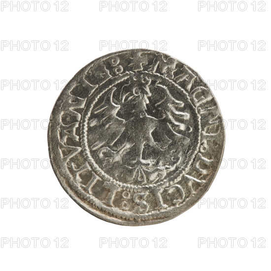 Lithuanian half-grosz, Sigismund I the Old (king of Poland; 1506–1548). Silver coin (half-grosz), 1521. Obverse: Pogon (Lithuanian mounted knight) turned left; rim inscription between pearl borders: + COIN:SIGISMVND, 15Z1:. Reverse: Polish crowned eagle; rim inscription between pearl borders: + MAGNI:DVCIS:LITVANIE:. Jagiellon dynasty; emblems: Pogon and Eagle. Grand Duchy of Lithuania, Poland.
