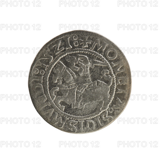 Lithuanian half-grosz, Sigismund I the Old (king of Poland; 1506–1548), 1521. Silver coin (half-grosz) from the Grand Duchy of Lithuania, Vilnius. Obverse: Pogon (Lithuanian mounted knight) turned left; in rim between pearl borders inscription '+ COIN:SIGISMVNDI:15Z1:'. Reverse: Polish crowned eagle; in rim between pearl borders inscription '+ MAGN, DVCIS:LITVANIE:.' Emblems: Pogon, Eagle. Jagiellon dynasty.