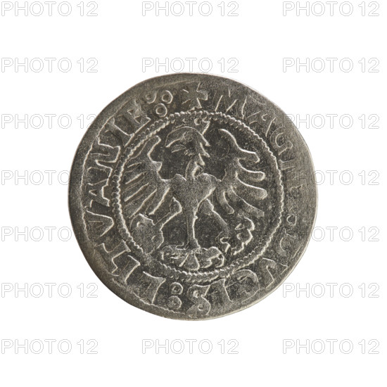 Lithuanian half-grosz, Sigismund I the Old (king of Poland; 1506–1548), 1521. Obverse: Pogon (Lithuanian knight) turned left; rim between pearl borders with inscription '+ COIN:SIGISMVNDI:15Z1:'. Reverse: Polish crowned eagle; rim between pearl borders with inscription '+ MAGN, DVCIS:LITVANIE:.' Silver coin, Grand Duchy of Lithuania (Vilnius).