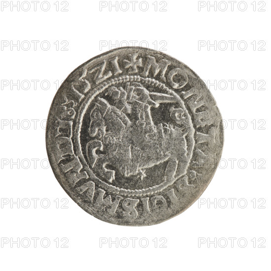 Lithuanian half-grosz, Sigismund I the Old (king of Poland; 1506–1548). Silver coin (half-grosz), dated 1521. Obverse: Pogon (Lithuanian mounted knight) turned left; in the rim between pearl borders an inscription: + MON TA:SIGISMVND 15Z1. Reverse: Polish crowned eagle; in the rim between pearl borders an inscription: + MAGNI:DVCIS:LITVANIE:. Jagiellon dynasty; emblems: Pogon and Eagle.