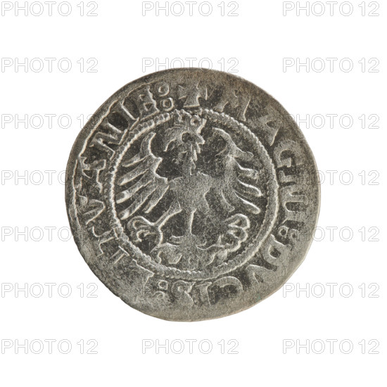 Lithuanian half-grosz, Sigismund I the Old (king of Poland; 1506–1548). Silver coin (half-grosz), 1521. Obverse: Pogon (Lithuanian mounted knight) turned left; in rim between pearl borders inscription: + MON, TA:SIGISMVND, 15Z1. Reverse: Polish crowned eagle; in rim between pearl borders inscription: + MAGNI:DVCIS:LITVANIE:. Jagiellon dynasty; emblems: Pogon and eagle.