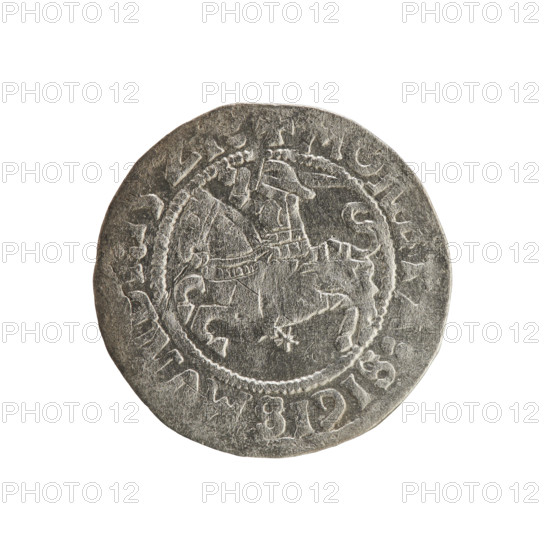 Lithuanian half-grosz, Sigismund I the Old (king of Poland; 1506–1548). Silver coin (half-grosz), 1521, Grand Duchy of Lithuania (Vilnius). Obverse: Pogon (Lithuanian mounted knight) turned left; in the rim between pearl borders an inscription: + M, N, T, :SIGISM, :15Z. Reverse: Polish crowned eagle; in the rim between pearl borders an inscription: I:DVCIS:LITVANIE:. Polish–Lithuanian (Jagiellon) emblems.