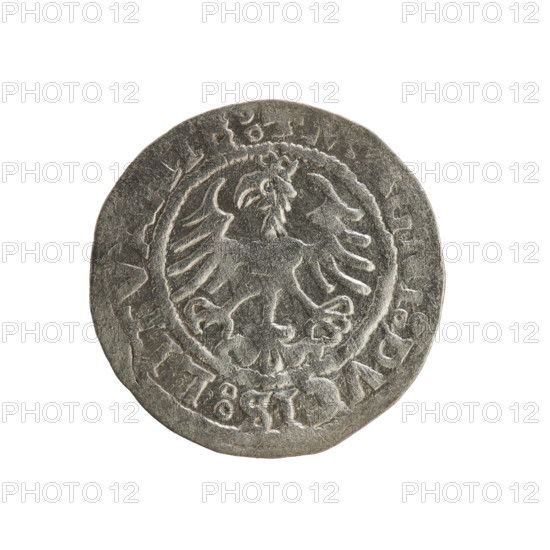 Lithuanian half-grosz, Sigismund I the Old (king of Poland; 1506–1548), 1521. Silver coin (half-grosz). Obverse: Pogon (Lithuanian charging knight) turned left; in the rim between pearl borders an inscription: + M, N, T, :SIGISM, :15Z. Reverse: Polish crowned eagle; in the rim between pearl borders an inscription: I:DVCIS:LITVANIE:. Emblems: Pogon, eagle. Associated with the Jagiellon dynasty; Grand Duchy of Lithuania, Vilnius; Poland.