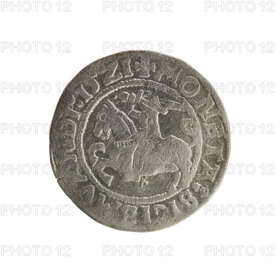 Lithuanian half-grosz, Sigismund I the Old (king of Poland; 1506–1548). Silver coin (half-grosz), 1521. Obverse: Pogon (Lithuanian mounted knight) turned left; rim between pearl borders with inscription + COIN:SI, IS, V, DI:15Z1. Reverse: Polish crowned eagle; rim between pearl borders with inscription GNI:DVCI, LITVANIE.:. Origin: Grand Duchy of Lithuania, Vilnius.