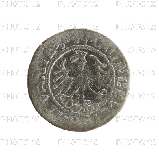 Lithuanian half-grosz, Sigismund I the Old (king of Poland; 1506–1548). Silver coin (half-grosz), 1521. Obverse: Pogon (Lithuanian knight) facing left; rim between pearl borders with inscription '+ COIN:SI, IS, V, DI:15Z1'. Reverse: Polish crowned eagle; rim between pearl borders with inscription 'GNI:DVCI, LITVANIE.:.', dated 1521. Grand Duchy of Lithuania (Vilnius); Jagiellon dynasty; emblems: Pogon and Eagle.
