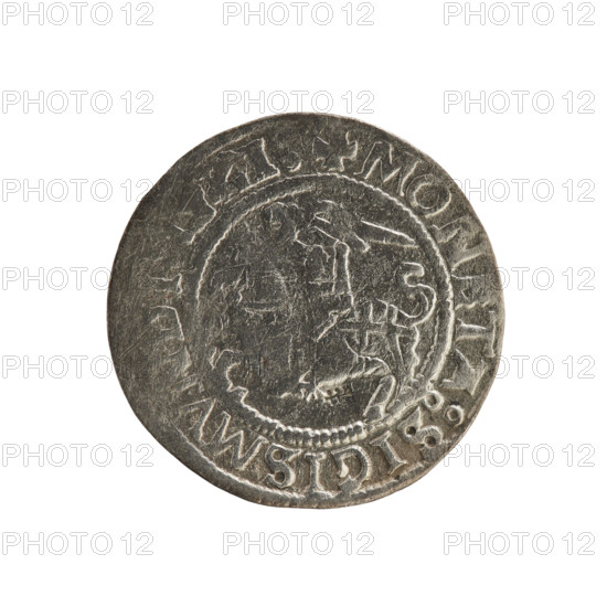 Lithuanian half-grosz, Sigismund I the Old (king of Poland; 1506–1548). Obverse: Pogon (mounted knight) turned left; in the rim between pearl borders an inscription: + SIGISMV 15Z1. Reverse: Polish crowned eagle; in the rim between pearl borders an inscription: AGNI:DVCISLITVA, 1521. Silver coin, Grand Duchy of Lithuania (Vilnius), Jagiellonian dynasty; coats of arms: Pogon and Eagle. R8 (rarity).