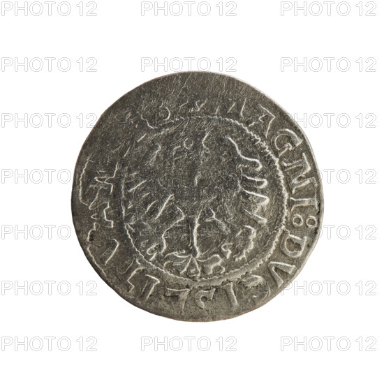 Lithuanian half-grosz, Sigismund I the Old (king of Poland; 1506–1548). Obverse: Pogon (Lithuanian coat of arms) turned left; in the rim between pearl borders an inscription: + COIN:SIGISMV, 15Z1. Reverse: Polish crowned eagle; in the rim between pearl borders an inscription: AGNI:DVCISLITVA, 1521. Silver coin, Grand Duchy of Lithuania, Vilnius. Attributes: Polish coins, Jagiellonian dynasty, coats of arms, eagles. R8 (rarity).