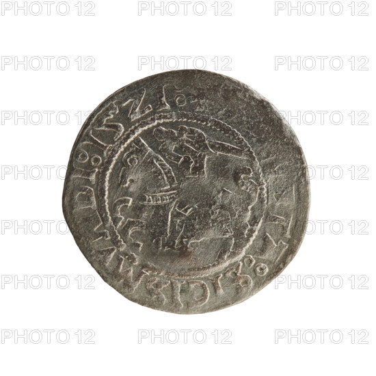 Lithuanian half-grosz, Sigismund I the Old (King of Poland, 1506–1548). Silver coin (half-grosz), dated 1521. Obverse: Pogon (Lithuanian charging knight) facing left; rim between pearl borders with inscription 'ETA:SIGISMV, DI:15Z1'. Reverse: crowned Polish Eagle; rim between pearl borders with inscription 'IDVCIS:LITVANIE:'. Associated with the Grand Duchy of Lithuania, Vilnius; Jagiellon dynasty; emblems: Pogon and crowned Eagle.