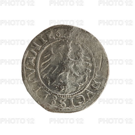 Lithuanian half-grosz, Sigismund I the Old (King of Poland; 1506–1548). Polish coin (Jagiellon dynasty), 1521. Obverse: Pogon (Lithuanian charging knight) turned left; rim with pearl borders and inscription ETA:SIGISMV, DI:15Z1. Reverse: crowned Polish eagle; rim with pearl borders and inscription IDVCIS:LITVANIE:. Grand Duchy of Lithuania (Vilnius).