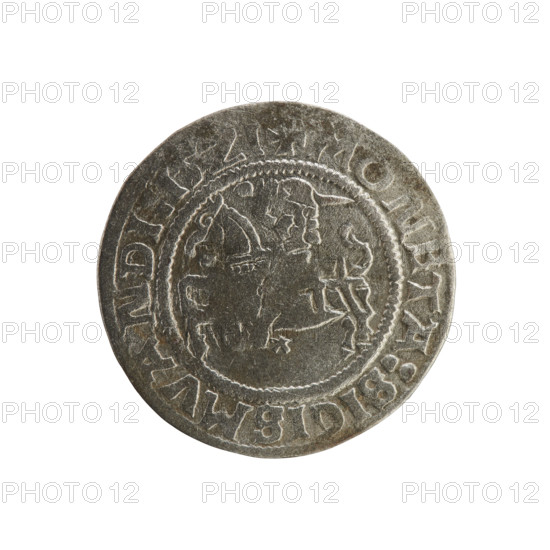 Lithuanian half-grosz, Sigismund I the Old (king of Poland; 1506–1548). Silver coin, 1521. Obverse: Pogon (Lithuanian knight) turned left; inscription in rim between pearl borders: + COIN:SIGISMVANDI:15Z1. Reverse: crowned Polish Eagle; inscription in rim between pearl borders: + MAGNI, DVCIS:LITVANIE, 1521. Jagiellon dynasty; emblems: Pogon, eagle. Grand Duchy of Lithuania (Vilnius), Poland.