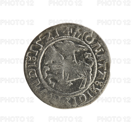 Lithuanian half-grosz, Sigismund I the Old (king of Poland; 1506–1548). Silver coin (half-grosz), 1521. Obverse: Pogon (Lithuanian knight) turned left; in rim between pearled borders an inscription: + MON, TA:SIGI, NDI:15Z1. Reverse: Polish crowned eagle; in rim between pearled borders an inscription: + MAGNI:DV, LITVANIE:, 1521. Grand Duchy of Lithuania (Vilnius). Jagiellon dynasty; emblems: Pogon, eagle.