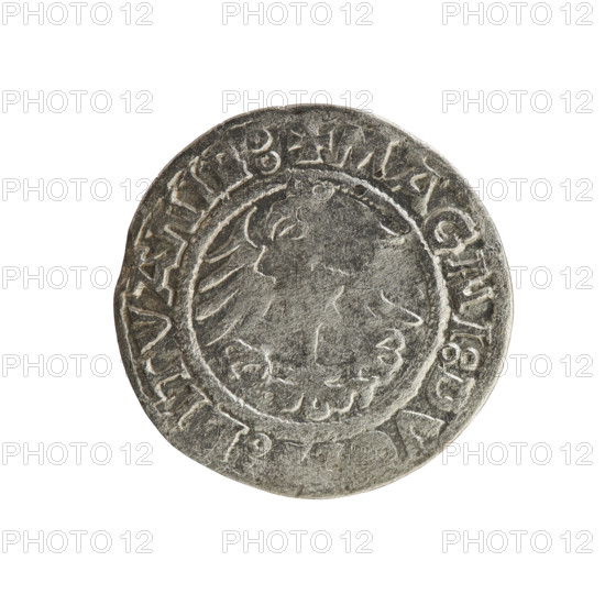 Lithuanian half-grosz, Sigismund I the Old (king of Poland; 1506–1548). Silver coin (half-grosz), 1521. Obverse: Pogon (Lithuanian mounted knight) turned left; in the rim between pearl borders an inscription: + MON.TA:SIGI.NDI:15Z1. Reverse: Polish crowned eagle; in the rim between pearl borders an inscription: + MAGNI:DV.LITVANIE:, 1521. Jagiellon dynasty; emblems: Pogon and Eagle.