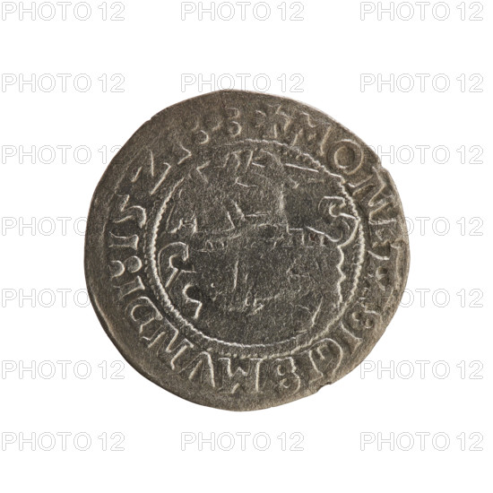 Lithuanian half-grosz, Sigismund I the Old (king of Poland, 1506–1548). Obverse: Pogon (Lithuanian charging knight) turned left; in the rim between pearl borders an inscription: + MONET, SIGISMVNDI:15Z1:.:. Reverse: crowned Polish Eagle; in the rim between pearl borders an inscription: + MAGNI:DVCIS:LITVANIE:. Dated 1521. Grand Duchy of Lithuania (Vilnius). Polish coin, Jagiellon dynasty; emblems: Pogon and Eagle.