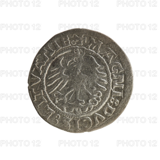 Lithuanian half-grosz, Sigismund I the Old (king of Poland; 1506–1548); Polish coin, Jagiellon dynasty; silver coin, 1521, Grand Duchy of Lithuania (Vilnius). Obverse: Pogon (Lithuanian mounted knight) turned left; in rim between pearl borders an inscription: + MONET, SIGISMVNDI:15Z1:. Reverse: Polish crowned eagle; in rim between pearl borders an inscription: + MAGNI:DVCIS:LITVANIE:.