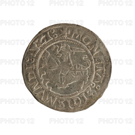 Lithuanian half-grosz, Sigismund I the Old (king of Poland; 1506–1548). Obverse: Pogon turned left; in the rim between pearl borders an inscription: + COIN:SIGISMVNDI:1,Z1:. Reverse: crowned Polish eagle; in the rim between pearly borders an inscription: + MAGNI:DVCIS:LITVANIE:. Dated 1521. Grand Duchy of Lithuania, Vilnius. Coin.