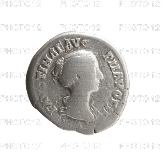 Denarius of Faustina the Younger (ca. 130–176; Roman empress 161–176). Obverse: draped bust of Faustina II facing right, inscription FAVSTINAE AVG - PII AVG FIL. Reverse: Venus standing left, holding an apple in her outstretched right hand and a rudder in her left, a dolphin wrapped around the rudder; inscription V - NVS. Iconography includes Roman deities, dolphins, apples, rudders. Roman Empire (27 BC–476), Rome. Coin; diameter 18.5 mm; weight 2.98 g; axis 180°.