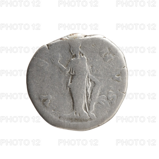 Denarius of Faustina the Younger (ca. 130–176; Roman Empress 161–176; Augusta 147–161). Obverse: draped bust of Faustina II facing right, inscription FAVSTINAE AVG - PII AVG FIL. Reverse: Venus standing left, holding an apple in her outstretched right hand and a rudder in her left hand, a dolphin wrapped around the rudder, inscription V - NVS. Iconography: Roman deities, dolphins, apples, rudders, Venus; Faustina the Younger — iconography. Roman Empire (27 BC–476), Rome. Coin; diameter 18.5 mm; weight 2.98 g; axis 180°.