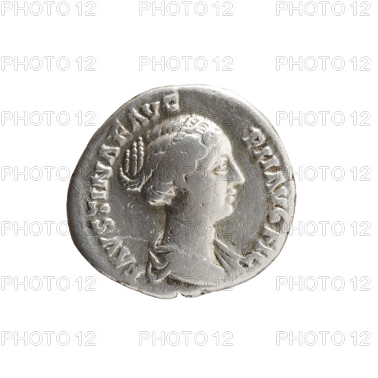 Denarius, Faustina the Younger (ca. 130–176; Roman empress 161–176), draped bust of Faustina II facing right, inscription FAVSTINAE AVG - PII AVG FIL around; reverse: Venus standing left, holding an apple in her outstretched right hand and a rudder in her left, a dolphin wrapped around the rudder, inscription V E - S around. Iconography: Roman deities, dolphins, apples, rudders, Venus; date ca. 147–161, Roman Empire (27 BC–476), Rome. Coin; diameter 17.5 mm, weight 2.90 g, axis 180 degrees.