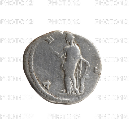 Denarius depicting Faustina the Younger (ca. 130–176; Roman empress 161–176; Augusta), obverse: draped bust of Faustina II facing right, inscribed FAVSTINAE AVG - PII AVG FIL; reverse: Venus standing left, holding an apple in her outstretched right hand and a rudder in her left, a dolphin wrapped around the rudder, legends V E - S; iconography includes Roman deities, dolphins, apples, rudders; Roman Empire (27 BC–476), ca. 147–161; coin; diameter 17.5 mm; weight 2.90 g; axis 180 degrees.