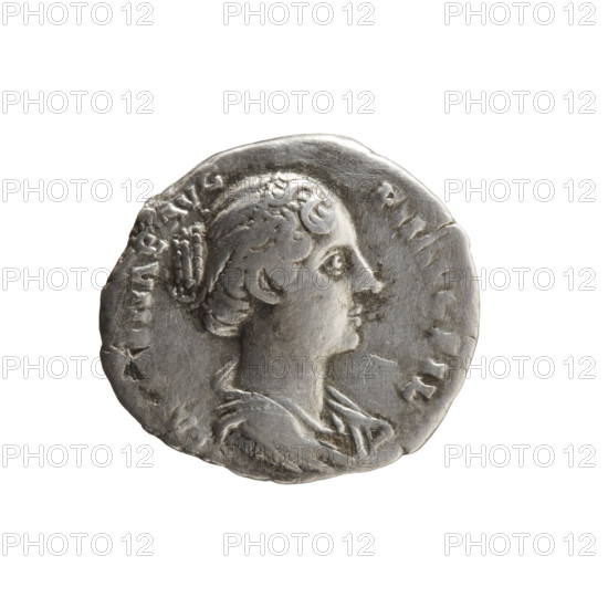 Denarius; Faustina the Younger (ca. 130–176; Roman empress 161–176) (Augusta 147–161); Roman deities; dolphins; apples; iconography: rudders; Venus. Obverse: draped bust of Faustina II facing right, inscription FA INAE AVG - PII AVG FIL. Reverse: Venus standing left, holding an apple in her outstretched right hand, a rudder in her left hand, a dolphin wrapped around the rudder, inscription V E NVS. Date: 147–161. Culture: Roman Empire. Place: Rome. Object type: coin. Diameter: 17.0–18.5 mm. Weight: 2.85 g. Axis: 0°.