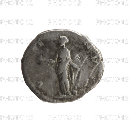 Denarius of Faustina the Younger (ca. 130–176; Roman empress 161–176; Augusta 147–161). Obverse: Draped bust of Faustina II facing right, inscription FA INAE AVG - PII AVG FIL. Reverse: Venus standing left, holding an apple in her outstretched right hand and a rudder in her left hand, with a dolphin wrapped around the rudder, inscription V E NVS. Iconography includes Roman deities, dolphins, apples, rudders. Roman Empire (27 BC–476), Rome. Coin; diameters 17.0 mm and 18.5 mm, weight 2.85 g, axis 0°.