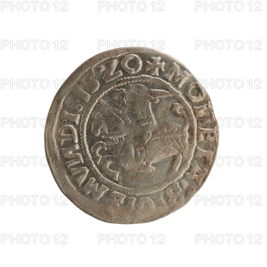 Lithuanian half-grosz, Sigismund I the Old (king of Poland; 1506–1548). Obverse: Pogon (Lithuanian coat of arms) turned left; in the rim between pearl borders an inscription: + MO, ETA:S, MV, DI, 15Z0. Reverse: Polish crowned eagle; in the rim between pearl borders an inscription: + MA, I:DVC, LITVA, IE.:, 1521. Metal coin from the Grand Duchy of Lithuania (Vilnius), Jagiellon dynasty; emblems: Pogon and eagle.