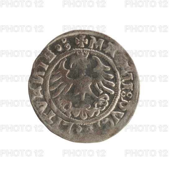 Lithuanian half-grosz, Sigismund I the Old (king of Poland; 1506–1548). Coin (half-grosz), 1521. Obverse: Pogon (Lithuanian charging knight) turned left; in the rim between pearl borders an inscription: + MO, ETA:S, MV, DI, 15Z0. Reverse: Polish crowned eagle; in the rim between pearl borders an inscription: + MA, I:DVC, LITVA, IE.:, 1521. Jagiellonian dynasty; emblems: Pogon and Eagle. Grand Duchy of Lithuania (Vilnius), Poland.