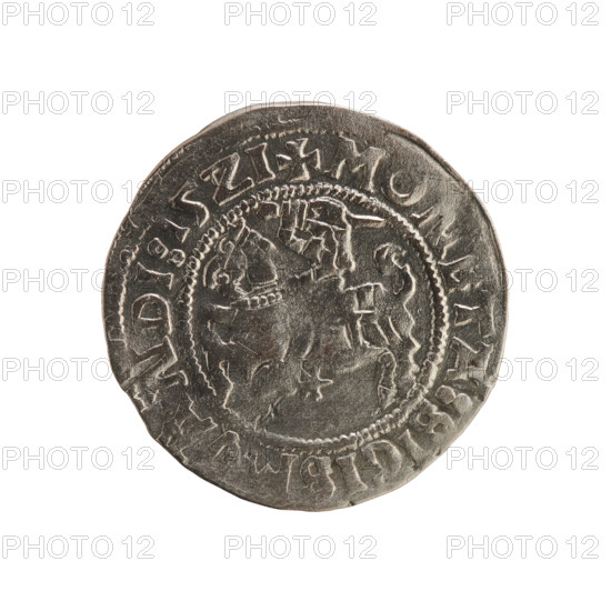 Half-grosz (1521) of Sigismund I the Old (king of Poland, 1506–1548). Obverse: Pogon (Lithuanian charging knight) facing left; rim bears inscription between pearled borders: + COIN:SIGISM, NDI:15Z1. Reverse: crowned Polish eagle; rim bears inscription between pearled borders: + M, NI:DVCIS:LITVANIE:.:. Material: coin; region: Grand Duchy of Lithuania (Vilnius), Poland.
