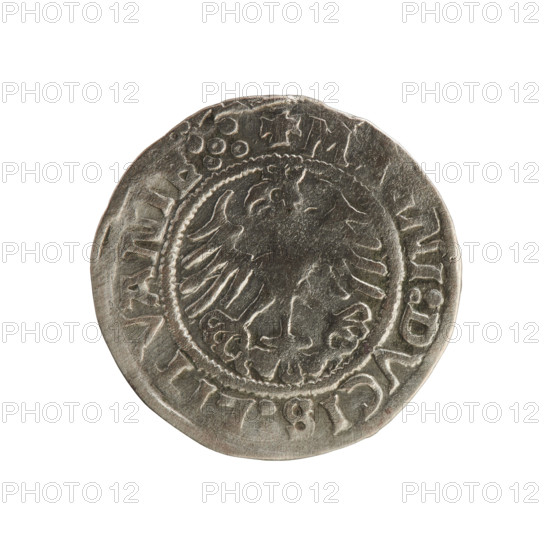 Lithuanian half-grosz, Sigismund I the Old (king of Poland; 1506–1548), 1521. Silver coin (half-grosz) of the Grand Duchy of Lithuania, struck in Vilnius. Obverse: Pogon (Lithuanian knight) facing left; in the rim between pearl borders an inscription: + COIN:SIGISM, NDI:15Z1. Reverse: Polish crowned eagle; in the rim between pearl borders an inscription: + M, NI:DVCIS:LITVANIE:.:. Style: early 16th-century Jagiellon coinage; motifs: emblems — Pogon and crowned eagle.