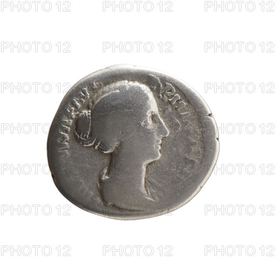 Denarius depicting Faustina the Younger (ca. 130–176; Roman empress 161–176; Augusta), obverse: draped bust of Faustina II facing right, inscription 'FAVSTINAE AV' and 'PII AVG F'; reverse: Venus standing left, holding an apple in her outstretched right hand and a rudder in her left hand, a dolphin wrapped around the rudder, inscription 'VENVS'; iconography includes Roman deities, dolphins, apples, rudders; date ca. 147–161 CE, Roman Empire (27 BC–476), Rome; coin, diameter 16.0–18.0 mm, weight 2.86 g, axis 15 degrees.