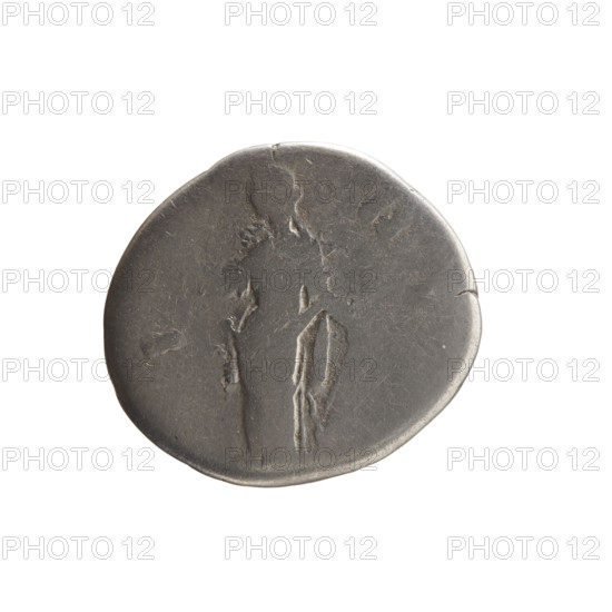 Denarius: obverse draped bust of Faustina the Younger facing right, inscribed FAVSTINAE AV - PII AVG F; reverse Venus standing left, holding an apple in her outstretched right hand and a rudder in her left hand, a dolphin wrapped around the rudder, inscribed V E - NVS. Faustina the Younger (ca. 130–176; Roman empress 161–176; Augusta 147–161). Iconography includes Roman deities, dolphins, apples, rudders, Venus. Date: 147–161. Roman Empire (27 BC–476), Rome. Coin; diameter 16.0–18.0 mm, weight 2.86 g, axis 15°.