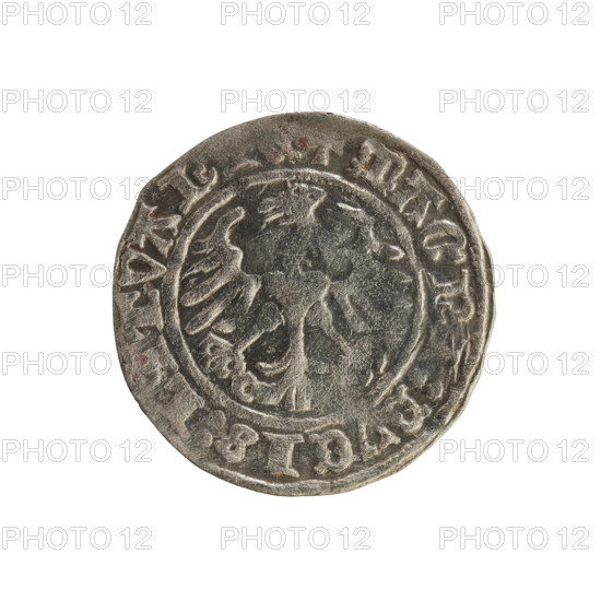 Lithuanian half-grosz, Sigismund I the Old (King of Poland; 1506–1548). Obverse: Pogon (mounted knight) turned left; in the rim between pearly borders an inscription: + MONETA:SIGISMVNDI:Z1. Reverse: Polish crowned eagle; in the rim between pearly borders an inscription: MAGNI:DVCIS:TVAN:1521. Silver coin, 1521, Grand Duchy of Lithuania (Vilnius).
