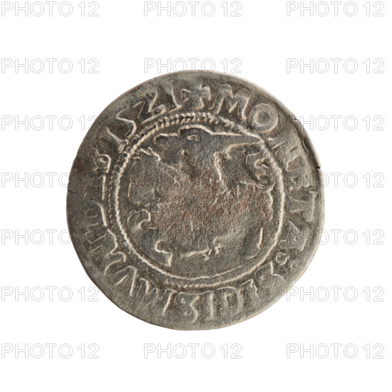 Lithuanian half-grosz, Sigismund I the Old (King of Poland; 1506–1548). Obverse: Pogon (Lithuanian coat of arms) turned left; in the rim between pearly borders an inscription: + MONETA:SIGISMVND, 15Z1. Reverse: Polish crowned Eagle; in the rim between pearly borders an inscription: + MAGNI:DVCIS, LITVANIE:, 1521. Polish coin of the Grand Duchy of Lithuania, Vilnius.