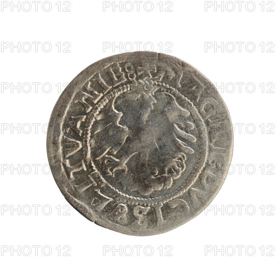 Lithuanian half-grosz, Sigismund I the Old (King of Poland; 1506–1548). Polish coin (Jagiellon dynasty), 1521. Obverse: Pogon (Lithuanian coat of arms) facing left; rim inscription: + MONETA:SIGISMVND, 15Z1. Reverse: crowned Polish eagle; rim inscription: + MAGNI:DVCIS, LITVANIE:, 1521. Grand Duchy of Lithuania, Vilnius.