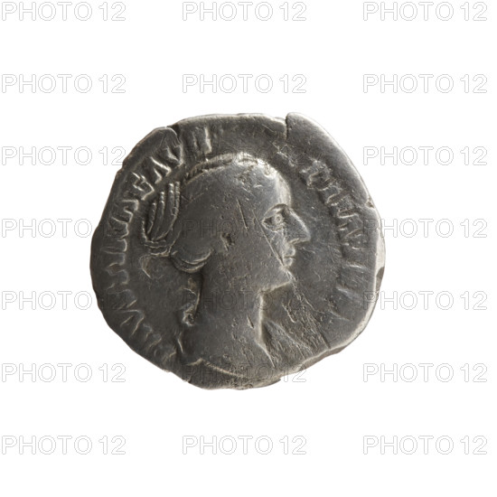 Denarius depicting Faustina the Younger (ca. 130–176; Roman empress 161–176; Augusta 147–161). Obverse: draped bust of Faustina II facing right, inscribed 'FAVSTINAE AVG - PII AVG F'. Reverse: Venus standing left, holding an apple in her outstretched right hand and a rudder in her left, a dolphin wrapped around the rudder. Iconography includes Roman deities, dolphins, apples, rudders, and Faustina the Younger. Date: 147–161. Culture: Roman Empire (27 BC–476). Medium: coin. Dimensions: diameter 16.0–17.0 mm, weight 2.59 g, axis 195°.