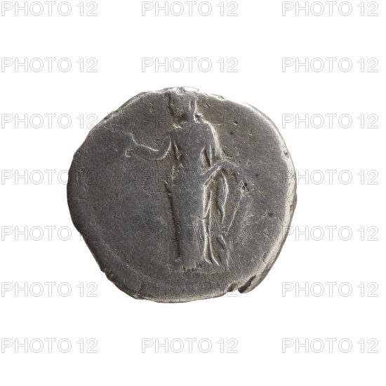 Denarius depicting Faustina the Younger (ca. 130–176; Roman empress 161–176; Augusta 147–161). Obverse: draped bust of Faustina II facing right, inscribed 'FAVSTINAE AVG - PII AVG F'. Reverse: Venus standing left, holding an apple in her outstretched right hand and a rudder in her left hand, a dolphin wrapped around the rudder. Iconography includes Roman deities, dolphins, apples, rudders, Venus; associated iconography of Faustina the Younger. Date: 147–161 CE, Roman Empire (27 BCE–476 CE), Rome. Coin: diameter 16.0–17.0 mm, weight 2.59 g, axis 195°.