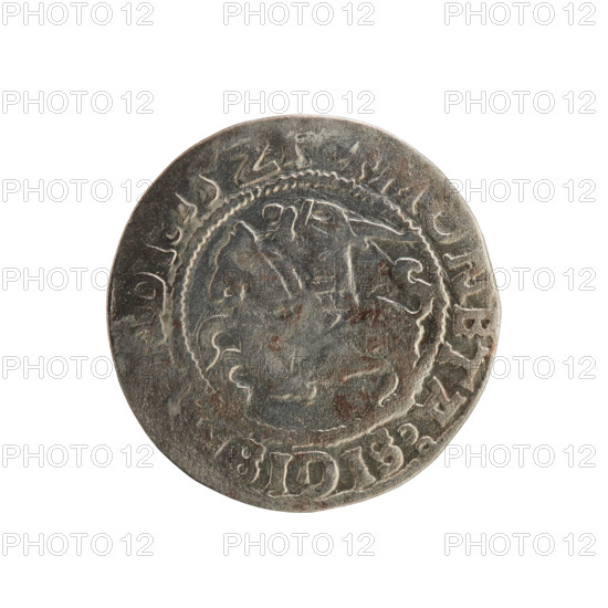 Lithuanian half-grosz, Sigismund I the Old (King of Poland; 1506–1548). Silver coin (half-grosz), 1521. Obverse: Pogon (Lithuanian mounted knight) turned left; in the rim between pearl-shaped borders an inscription: ONETA:SIGIS, NDI, 15Z1. Reverse: crowned Polish Eagle; in the rim between pearl-shaped borders an inscription: AGNI:DVCISLITVAND, 1521. Associated with Jagiellon dynasty; emblems: Pogon and Eagle. Grand Duchy of Lithuania, Vilnius; Poland.