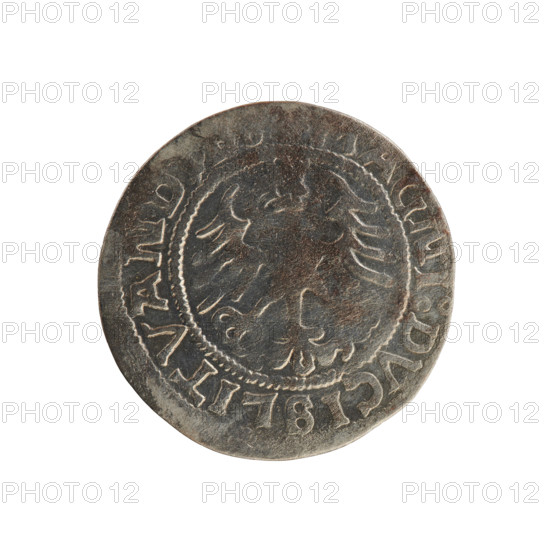 Lithuanian half-grosz, Sigismund I the Old (King of Poland, 1506–1548). Obverse: Pogon (Lithuanian mounted knight) turned left; rim between pearl-shaped borders with inscription ONETA:SIGIS, NDI, 15Z1. Reverse: Polish crowned eagle; rim between pearl-shaped borders with inscription AGNI:DVCISLITVAND, 1521. Jagiellon dynasty; Grand Duchy of Lithuania, Vilnius; coin.