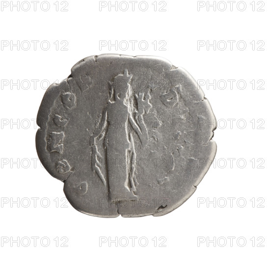Denarius of Faustina the Younger (ca. 130–176; Roman empress 161–176; Augusta), ca. 147–161. Obverse: Bust of Faustina II in drapery facing right, inscription FAVSTINA AVG ANTONINI AVG PII FIL. Reverse: Concordia stands frontally, head turned right, lifting the folds of her robe with her right hand and holding a horn of plenty in her left, inscription CONCORD. Roman Empire (27 BC–476), Rome. Coin; diameter 17.5–19.5 mm, weight 2.88 g, axis 180°.