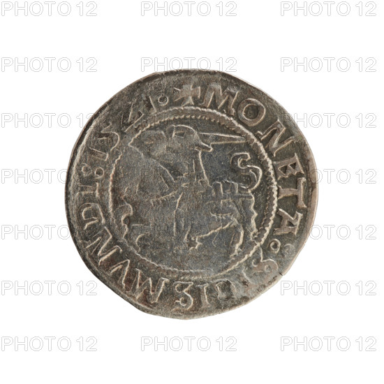 Lithuanian half-grosz, Sigismund I the Old (king of Poland; 1506–1548). Polish coin (1521). Obverse: Pogon (Lithuanian knight emblem) turned left; in the rim between pearl borders an inscription: + MONETA:SIGISMVNDI:1521. Reverse: crowned Polish eagle; in the rim between pearl borders an inscription: + MAGNI:DVCIS:LITVANIE:. Grand Duchy of Lithuania, Vilnius.
