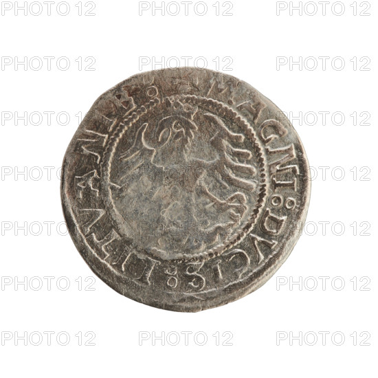 Lithuanian half-grosz, Sigismund I the Old (king of Poland; 1506–1548), 1521. Silver coin (half-grosz) of the Grand Duchy of Lithuania, Vilnius. Obverse: Pogon (mounted knight) turned left; in the rim between pearl borders an inscription: + MONETA:SI, ISMVNDI:15Z1. Reverse: Polish crowned Eagle; in the rim between pearly borders an inscription: + MAGNI:DVCIS:LITVANIE:. Polish coins; Jagiellon dynasty; emblems: Pogon, Eagle.