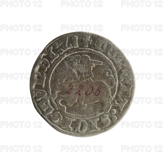 Lithuanian half-grosz, Sigismund I the Old (king of Poland; 1506–1548). R8 (rarity). Polish coin of the Jagiellonian dynasty, dated 1521, Grand Duchy of Lithuania — Vilnius. Obverse: Pogon (mounted knight) turned left; in the rim between pearl borders an inscription: + TA:SIGISMVNDI:Z1. Reverse: Polish crowned eagle; in the rim between pearl borders an inscription: + MAGN: :DVCIS::LITVANIE. Coats of arms: Pogon, Eagle.