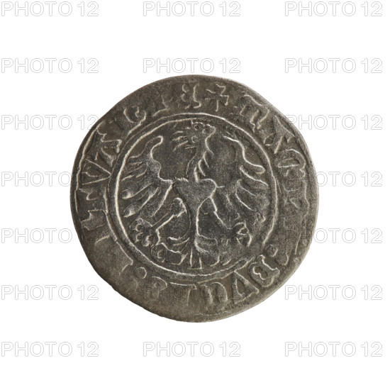 Lithuanian half-grosz, Sigismund I the Old (king of Poland; 1506–1548). R8 (rarity). Polish coin of the Jagiellonian dynasty. Obverse: Pogon (Lithuanian coat of arms) turned left; in the rim between pearl borders an inscription: + TA:SIGISMVNDI:Z1. Reverse: Polish crowned eagle; in the rim between pearl borders an inscription: + MAGN,:DVCIS::LITVANIE. Dated 1521. Grand Duchy of Lithuania, Vilnius.