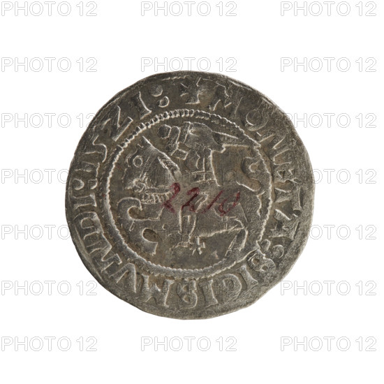 Lithuanian half-grosz, Sigismund I the Old (king of Poland; 1506–1548). R8 (rarity). Polish coin of the Jagiellonian dynasty, 1521. Obverse: Pogon (Lithuanian coat of arms) turned left; in the rim between pearl borders an inscription: + COIN:SIGISMVNDI:15Z1:. Reverse: Polish crowned Eagle; in the rim between pearl borders an inscription: + MAGNI:DVCIS:LITVANIE. Grand Duchy of Lithuania, Vilnius.