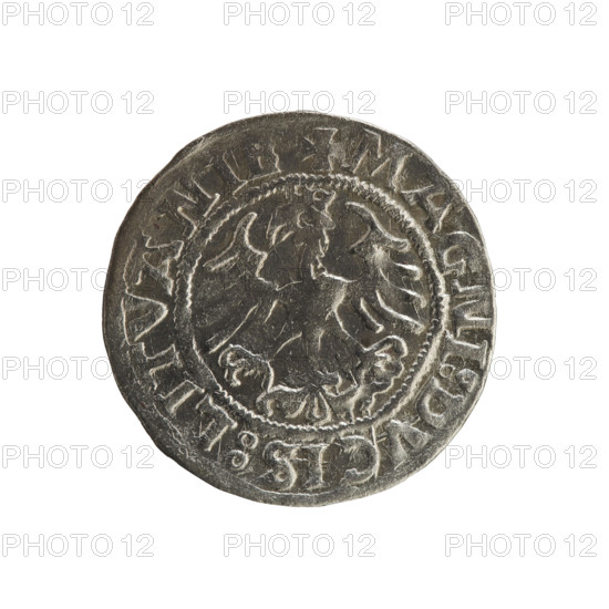 Lithuanian half-grosz, Sigismund I the Old (king of Poland; 1506–1548). R8 (rarity). Polish coin of the Jagiellonian dynasty. Obverse: Pogon (Lithuanian coat of arms) turned left; in the rim between pearl borders an inscription: + COIN:SIGISMVNDI:15Z1:. Reverse: Polish Eagle with a crown; in the rim between pearl borders an inscription: + MAGNI:DVCIS:LITVANIE. Dated 1521. Grand Duchy of Lithuania, Vilnius.